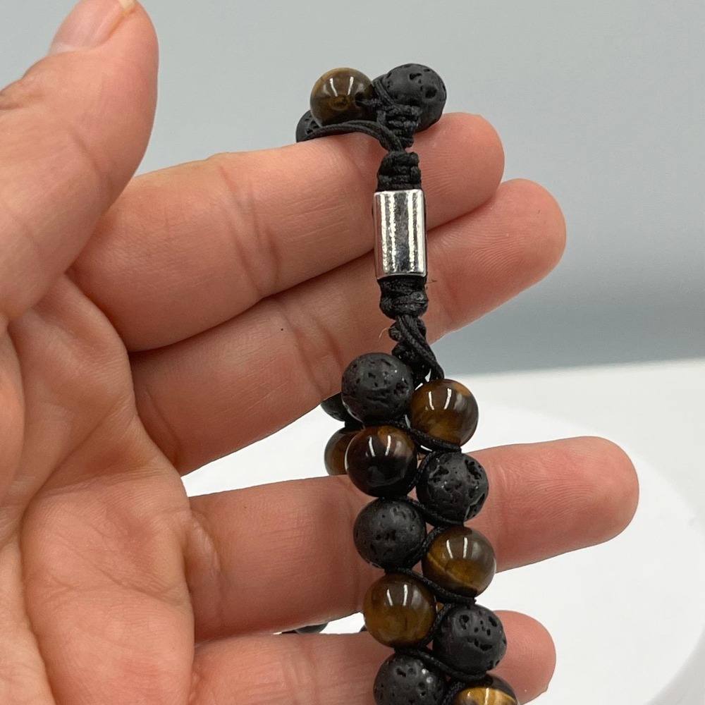 Vintage Natural Tiger's Eye & Lava Rock Bracelet Double Strand Cord Stone Boho - Picture 7 of 9